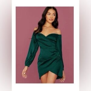 Teal Asymmetrical Ruched Off-Shoulder Satin Dress